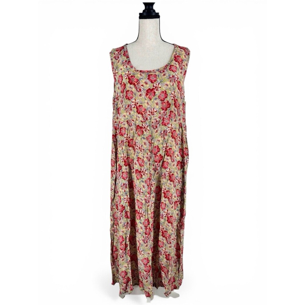 Vintage Flax Midi Floral Dress Sleeveless Rayon Pockets Size M Cottagecore